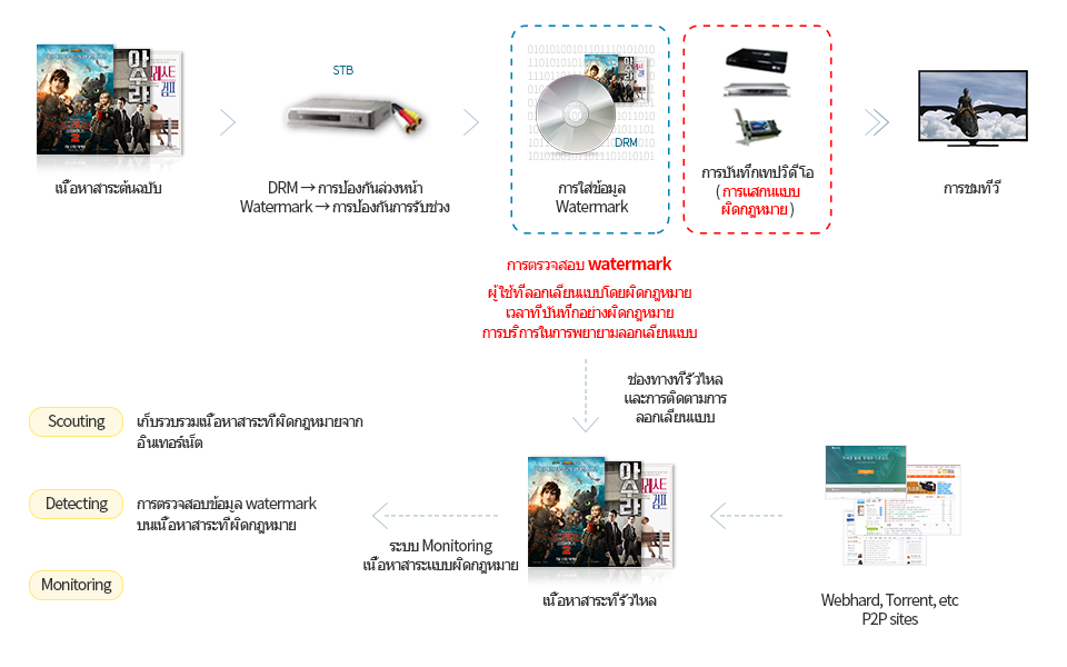 Original content > DRM:Proactive security / Watermark:follow-up protection > Inserting watermark information - Watermark detection:Leaked channel and piracy tracking > Videotape recording(illegal scanning) > Watching TV